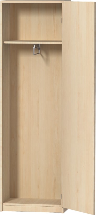 Ein Kleiderschrank aus hellem Holz mit einer offenen Tür, einem oberen Einlegeboden, einer Kleiderstange aus Metall und einem leeren Hauptfach. Der Kleiderschrank hat ein einfaches, minimalistisches Design.