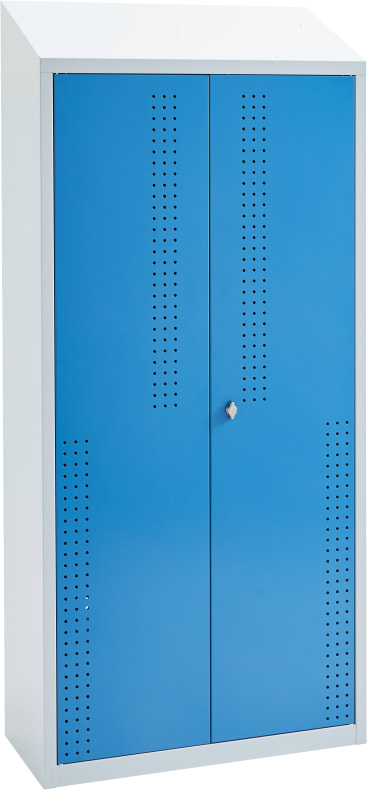 Ein Metallschrank mit blauen Flügeltüren, vertikalen Reihen von kleinen Lüftungslöchern, einem weißen Rahmen und einem Schloss in der Mitte.