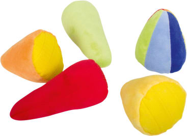 Fünf bunte, plüschige Sitzsäcke sind auf einem weißen Hintergrund angeordnet. Die Formen sind unregelmäßig, und die Farben sind gelb, rot, orange, grün, blau und hellblau.