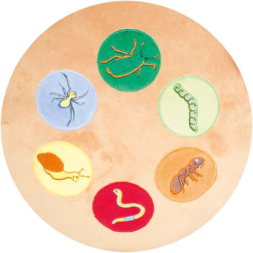 Eine runde Matte mit fünf farbigen Kreisen, auf die jeweils ein Insekt oder Wurm gestickt ist: ein grüner Käfer, eine blaue Spinne, eine grüne Raupe, eine gelbe Schnecke, ein roter Regenwurm und eine braune Ameise.
