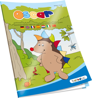 Eine Spielanleitung für Kinder mit dem Titel Oscar zeigt einen Cartoon-Igel mit bunten Stacheln, der auf Gras steht, mit einer Schnecke, einem Wurm, Wolken und Bäumen im Hintergrund. Am oberen Rand sind mehrere Flaggen abgebildet.