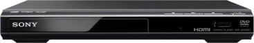 Frontansicht eines DVD-Players von Sony mit Disc-Fach, Steuertasten, USB-Anschluss und Aufklebern für HDMI, DVD und Sony-Markenzeichen.
