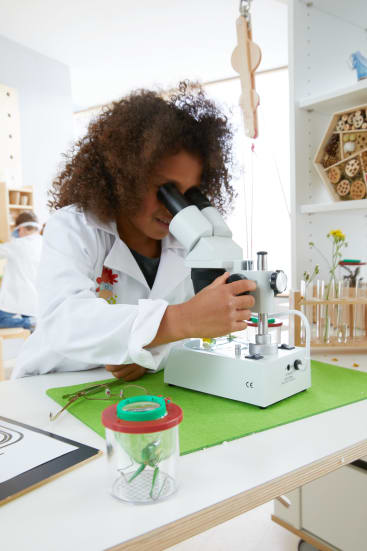 Ein Kind in einem weißen Laborkittel schaut durch ein Mikroskop an einem Schreibtisch mit wissenschaftlichen Materialien, darunter Reagenzgläser, ein grünes Insekt in einem Glas und Pflanzenproben.
