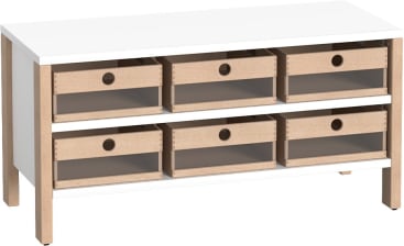 Regalschrank Linus mit 6 Acryl-Materialkästen, B 110,4 x H 55 (mit Rollen) x T 45,7 cm