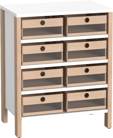Schrank Linus mit 8 Acryl-Materialkästen, B 75,3 x H 93,4 (mit Rollen) x T 45,7 cm