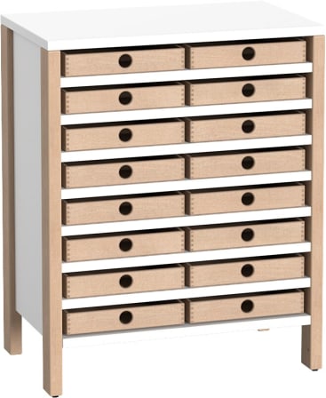 Regalschrank Linus mit 16 Eigentumskästen, B 75,3 x H 93,4 (mit Rollen) x T 45,7 cm