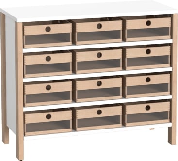 Schrank Linus mit 12 Acryl-Materialkästen, B 110,4 x H 93,4 (mit Füßen) x T 45,7 cm