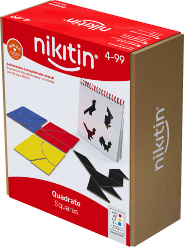 Eine rechteckige Schachtel mit Nikitin-Quadrate-Puzzleteilen, die farbige quadratische Puzzleteile, eine spiralgebundene Anleitung mit Tierformen und ein Produktbranding auf weißem und rotem Hintergrund enthält.