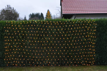 Eine dichte Hecke ist mit einem Gitter aus kleinen, gleichmäßig verteilten gelben Lichterketten bedeckt. Im Hintergrund ist ein Teil eines Hauses mit rotem Ziegeldach zu sehen, zusammen mit Bäumen und einem bewölkten Himmel.