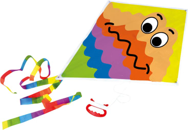 Ein rautenförmiger Drachen mit einem wellenförmigen, mehrfarbigen Muster und einem Cartoon-Gesicht mit großen Augen und einem verschnörkelten Mund. Der Drachen hat einen regenbogenfarbenen Schwanz und einen roten Griff mit Schnur.