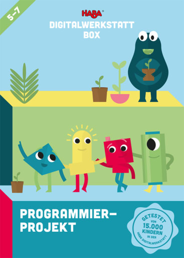 Auf dem Schachteldeckel sind Cartoonfiguren in verschiedenen Formen und Farben, ein blaues Monster mit Pflanzen und ein Text in deutscher Sprache zu sehen, der für ein Programmierprojekt für Kinder im Alter von 5-7 Jahren wirbt. Auch Logos und eine Zertifizierungsplakette sind zu sehen.