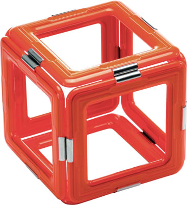 Eine rote Würfelstruktur aus Kunststoff mit offenem Rahmen und metallischen Verbindungsstücken an jeder Kante, die an ein geometrisches Spielzeug oder einen Baustein erinnert.