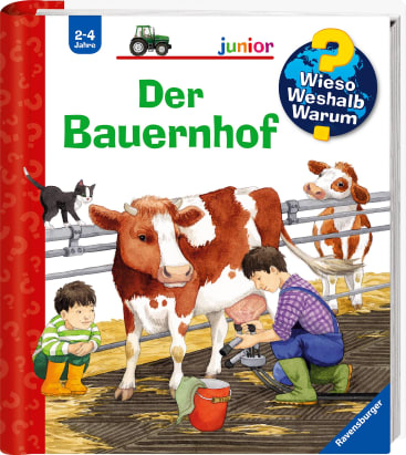 Buchumschlag mit dem Titel Der Bauernhof. Ein Erwachsener melkt eine Kuh, ein Kind ist in der Nähe, ein Kalb steht hinter einem Zaun, und eine Katze läuft obenauf. Das Buch ist für die Altersgruppe 2-4 und von Ravensburger herausgegeben.