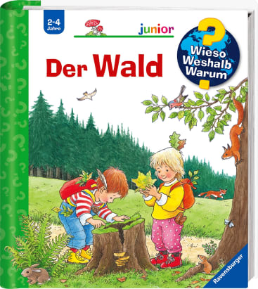 Ein Kinderbuchcover mit dem Titel Der Wald zeigt zwei Kinder, die einen Wald erkunden und einen Baumstumpf und Blätter betrachten. Um sie herum sind Vögel und kleine Tiere zu sehen. Das Buch ist für die Altersgruppe von 2 bis 4 Jahren und wurde von Ravensburger veröffentlicht.