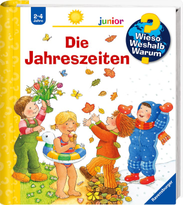 Vier Kinder werden bei unterschiedlichem Wetter gezeigt: eines mit Blumen, eines im Badeanzug, eines im Herbstlaub und eines im Wintermantel. Die Buchtitel "Die Jahreszeiten" und "Wieso? Weshalb? Warum?" sind sichtbar.