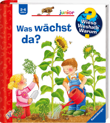 Das Buchcover zeigt ein junges Mädchen, das eine Karotte in der Hand hält, und einen Jungen, der in einem Garten Sonnenblumen gießt. Der Titel lautet "Was wächst da?", oben stehen "2-4 Jahre" und "junior", unten das Ravensburger-Logo.