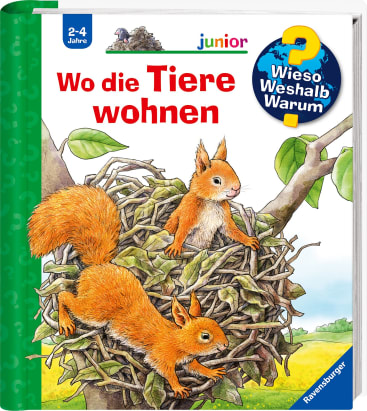 Umschlag eines deutschen Kinderbuchs mit dem Titel Wo die Tiere wohnen mit zwei illustrierten roten Eichhörnchen, die in einem Nest auf den Ästen sitzen, geeignet für 2-4 Jahre, von Ravensburger.