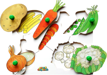Ein Kinderpuzzle mit illustrierten Gemüseteilen, darunter eine Kartoffel, eine Karotte, Erbsen, eine Zwiebel und ein Blumenkohl. Jedes Teil hat einen grünen Knopf zur einfachen Handhabung und zeigt das passende Gemüsebild darunter.