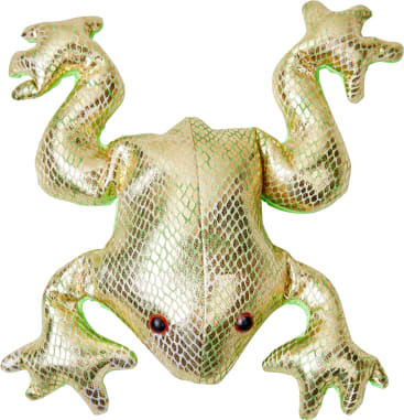 Ein glänzender, gold-grüner Frosch aus Plüsch mit strukturierten, schuppenartigen Mustern. Das Spielzeug hat große schwarze Augen und übertriebene, nach außen gespreizte Gliedmaßen.