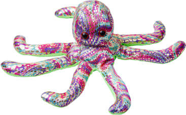 Ein farbenfroher, gemusterter, ausgestopfter Oktopus mit glänzendem, schillerndem Stoff und roten Knopfaugen auf weißem Hintergrund.