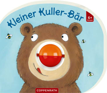Ein illustrierter Bucheinband zeigt einen Braunbären mit einer großen, runden, roten Plastiknase. Der Titel Kleiner Kuller-Bär steht oben, und drei kleine Bienen fliegen um den Kopf des Bären. Das Buch ist für Kinder ab 6 Monaten geeignet.