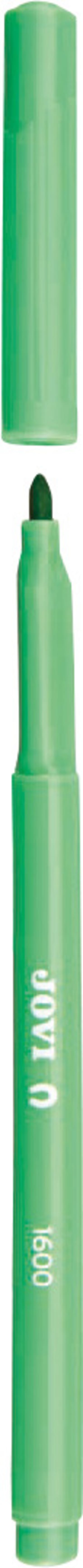 Ein grüner Marker mit abgenommener Kappe ist senkrecht dargestellt. Die Kappe befindet sich über dem Marker, und die Spitze des Markers ist sichtbar.