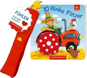 Ein Pappbilderbuch für Kinder mit dem Titel 10 flinke Flitzer mit einer Illustration eines Kindes auf einem roten Traktor, umgeben von Hühnern, und einem roten, strukturierten, sensorischen Anhänger, der am Buch befestigt ist. Geeignet für das Alter von 6 Monaten und älter.
