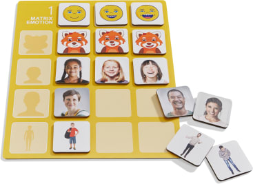 Ein gelbes Spielbrett mit der Aufschrift Matrix Emotion und einem Raster. In der obersten Reihe befinden sich glückliche Emojis, in der zweiten Reihe Cartoon-Fuchsgesichter, in der dritten Reihe Kinderfotos und an der Seite lose Kacheln mit Fotos von Menschen.