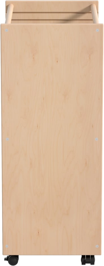 Eine rechteckige Platte aus hellem Holz mit sichtbarer Maserung, die vertikal auf einer schwarzen Rolle und einem festen Fuß steht; oben sind zwei Holzschienen angebracht.