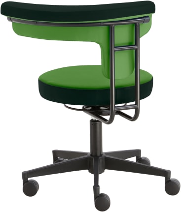 Ein moderner Bürostuhl mit grün-schwarz gepolstertem Sitz und Rückenlehne, offenem Design, Metallgestell und schwarzem Fußkreuz mit fünf Rädern. Der Stuhl hat eine freiliegende Stützstruktur und keine sichtbaren Armlehnen.