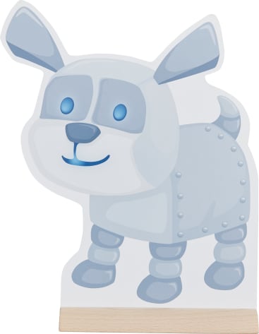 Eine Illustration im Cartoon-Stil eines grauen Roboterhundes mit blauen Augen und Metallgelenken, der auf einem Holzsockel steht. Der Hund hat einen lächelnden Ausdruck und ist in einem verspielten, vereinfachten Design abgebildet.