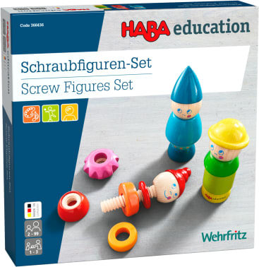 Eine Schachtel für ein HABA education Schraubfiguren-Set zeigt drei zusammengebaute Holzfiguren, mehrere bunte Schraubteile und Text in Deutsch und Englisch. Die Schachtel ist hauptsächlich blau und weiß.