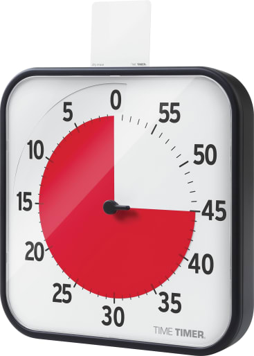 Ein quadratischer visueller Timer mit einem großen roten Countdown-Bereich, der noch etwa 15 Minuten anzeigt. Das Ziffernblatt ist weiß mit schwarzen Zahlen in Fünferschritten und schwarzen Stunden- und Minutenzeigern.