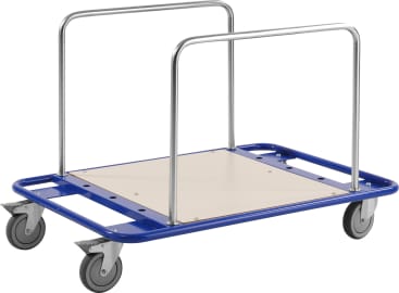 Ein flacher blauer Plattformwagen mit beiger Mitte, ausgestattet mit vier grauen Schwenkrädern und zwei aufrechten Metallgriffen zum Schieben oder Ziehen.