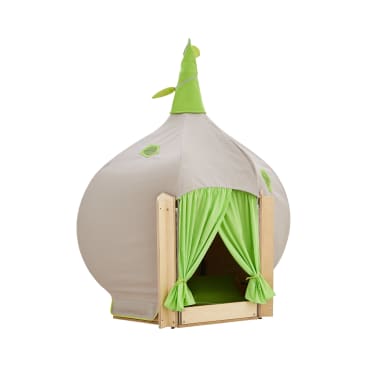 Kinderspielzelt in Form einer Zwiebel, außen mit beigem Stoff, hellgrünen Akzenten, Holzrahmen und grünen Vorhängen am Eingang, vor weißem Hintergrund.