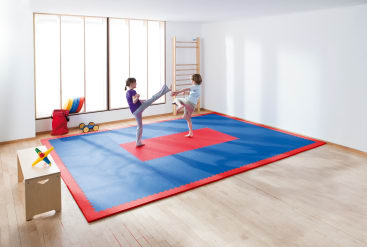 Zwei Kinder üben Kampfsport auf einer blau-roten Matte in einem hellen Raum mit Holzboden, einer Bank und Sportgeräten in der Nähe eines großen Fensters.