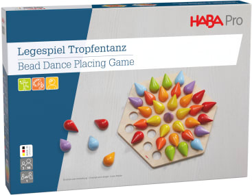 Die Abbildung zeigt eine Schachtel für das Perlentanz-Plazierspiel von HABA Pro. Die Schachtel zeigt bunte, tropfenförmige Perlen auf einem sechseckigen Holzbrett mit Löchern und einen Text in Deutsch und Englisch.
