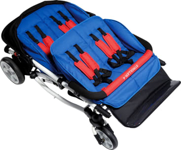 Ein blauer Doppelkinderwagen mit roten Gurtbändern und einer roten Schaumstoffstange mit der Aufschrift STROLLAIR. Der Kinderwagen ist zusammengeklappt dargestellt, wobei die Räder und das Gestell sichtbar sind.