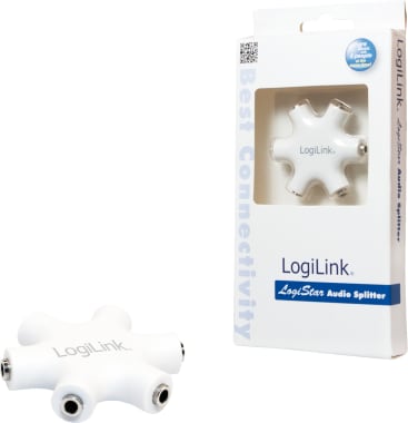 Ein weißer LogiLink-Audio-Splitter mit fünf Anschlüssen wird neben seiner Einzelhandelsverpackung gezeigt, die das Produkt durch ein durchsichtiges Fenster zeigt. Die Verpackung ist weiß mit blauen Akzenten und dem Produktbranding.