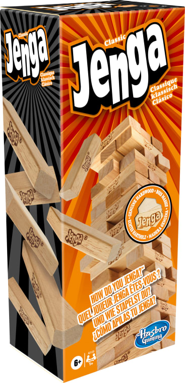 Eine rechteckige Schachtel mit Classic Jenga von Hasbro Gaming, die einen Turm aus Holzklötzen und lose Jenga-Blöcke zeigt. Die Verpackung enthält Text in mehreren Sprachen und wird für das Alter ab 6 Jahren empfohlen.
