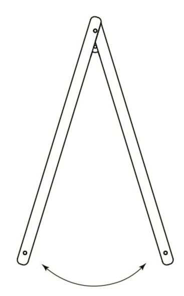 Eine einfache Strichzeichnung von zwei geraden Stäben, die oben durch einen Zapfen verbunden sind und einen offenen Winkel bilden, mit einem gebogenen Doppelpfeil am unteren Ende, der eine mögliche Bewegung anzeigt.