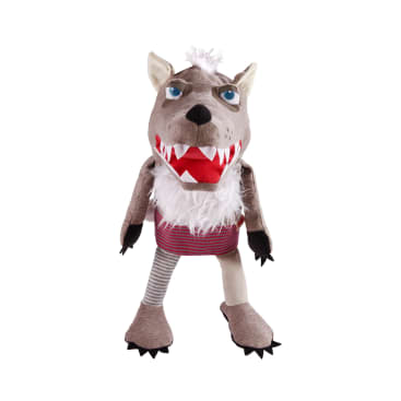 Ein Plüschwolf mit blauen Augen, spitzen Ohren, scharfen Zähnen und einem weißen, pelzigen Bart. Er hat ungleiche Beine - ein gestreiftes und ein einfarbiges - und trägt ein rot und lila gestreiftes Hemd. Der Hintergrund ist weiß.