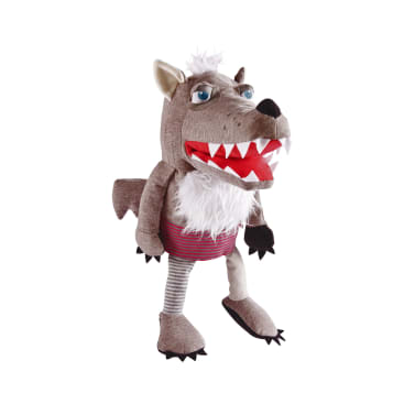 Ein Plüschwolf mit blauen Augen, großen weißen Zähnen, einem rot gestreiften Hemd, einer weißen pelzigen Brust und bunten Beinen, der aufrecht auf zwei Füßen vor einem weißen Hintergrund steht.