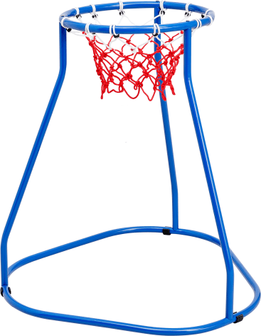 Ein blauer Basketballkorb aus Metall mit einem runden Sockel, blauem Rand, weißen Haken und einem roten Netz. Der Ständer ist leicht und tragbar und eignet sich für den Einsatz im Innen- und Außenbereich.