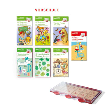 Auf weißem Hintergrund sind sieben deutschsprachige Vorschulhefte und ein rotes Kunststoff-Lernmittel angeordnet. Die Hefte behandeln Themen wie Schulreife, Zahlen, Buchstaben und Konzentration.