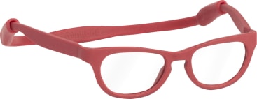 Rotes, flexibles Brillengestell mit klaren Gläsern und einem angebrachten Band, das die Brille am Kopf fixiert.