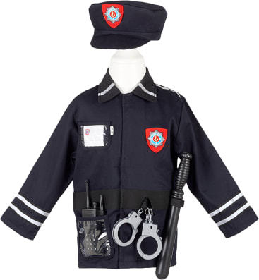 Ein Polizeikostüm in Kindergröße mit marineblauer Jacke, passender Mütze, Plastikhandschellen, Funkgerät und einem Spielzeugschlagstock auf einem weißen Schaufensterpuppen-Torso.