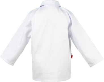 Eine schlichte weiße, langärmelige Jacke wird von hinten gezeigt. Das Kleidungsstück hat einen Kragen und keine sichtbaren Knöpfe, Logos oder Muster.