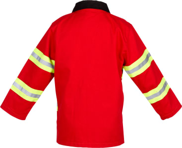 Eine rote, langärmelige Jacke, von hinten gesehen, mit gelben und grauen reflektierenden Streifen an den oberen und unteren Ärmeln und einem schwarzen Kragen.