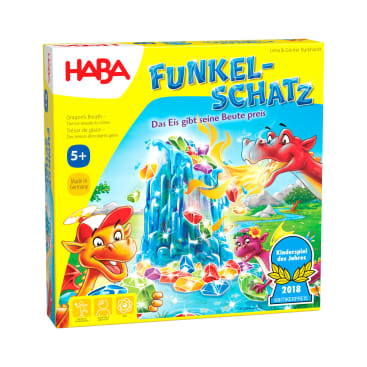Eine quadratische gelbe Spielschachtel für Funkelschatz von HABA mit bunten Drachen, Eis und funkelnden Edelsteinen, mit blauem und gelbem Text in deutscher Sprache und einem Abzeichen für das "Kinderspiel des Jahres 2018" unten rechts.